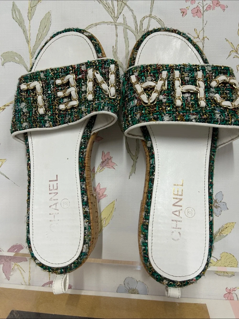 CHANEL Green Tweed Espadrille Slide Sandals with Gold Chain Logo